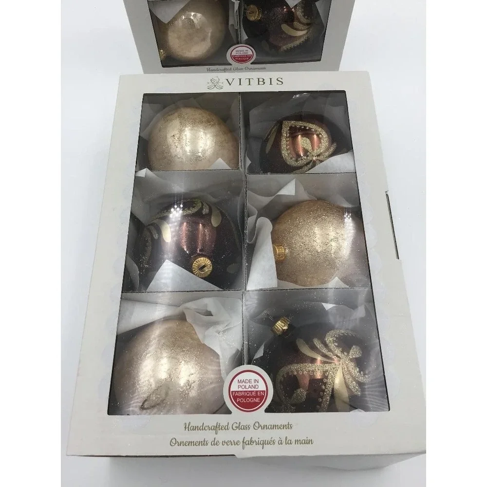 Vitbis Handcrafted Glass Christmas Ornaments Set of 12 Poland Gold Brow